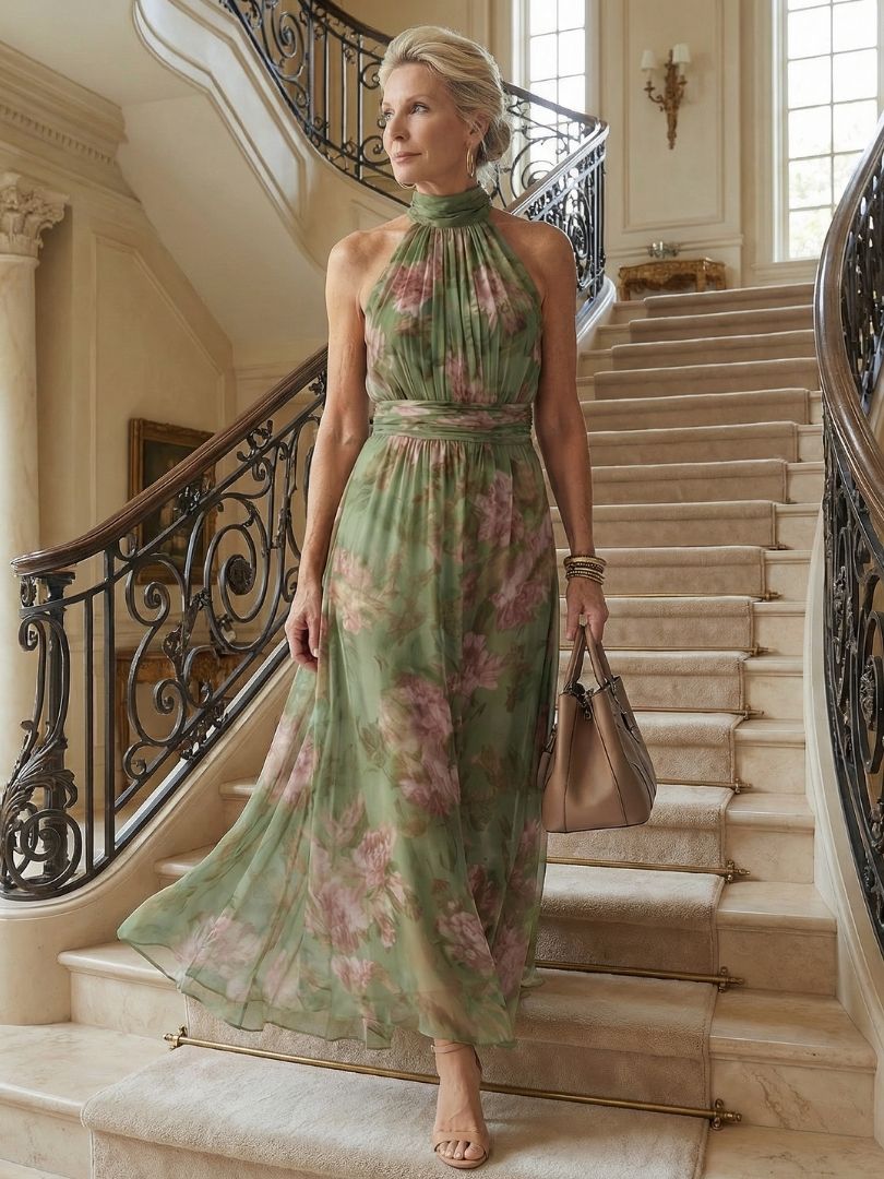 Floral halter maxi dress worn for an elegant occasion