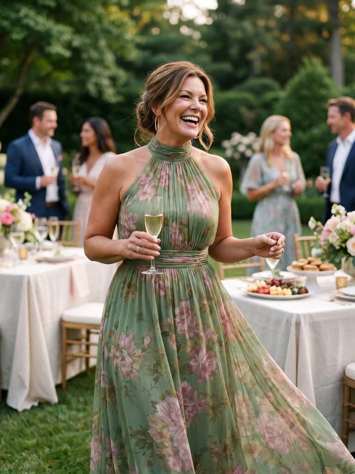 Floral halter maxi dress worn at a garden party