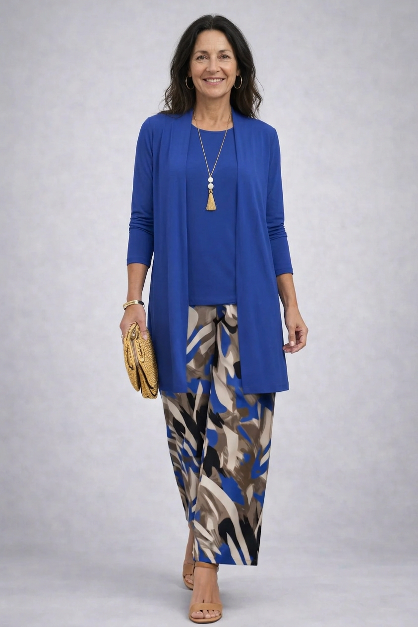 Women's royal blue open-front cardigan and abstract print pant set