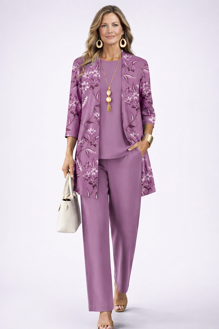 Women's orchid floral print cardigan and pant set