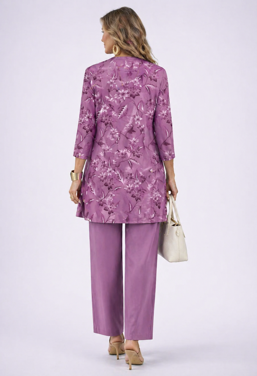 Back view of the orchid floral print cardigan and pant set