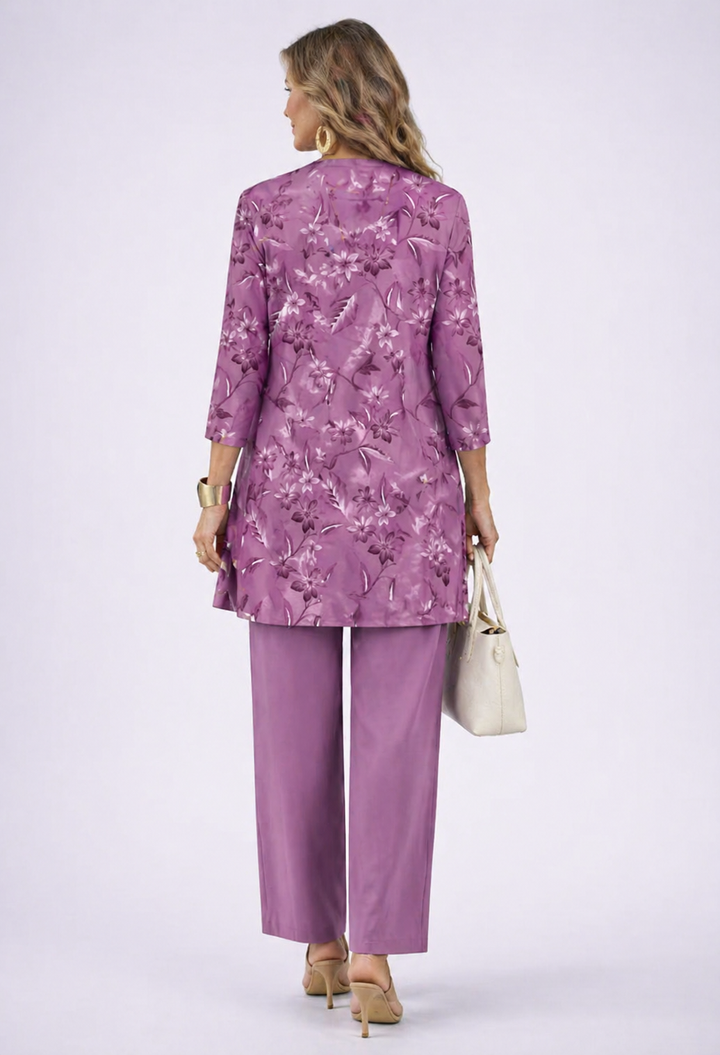 Back view of the orchid floral print cardigan and pant set