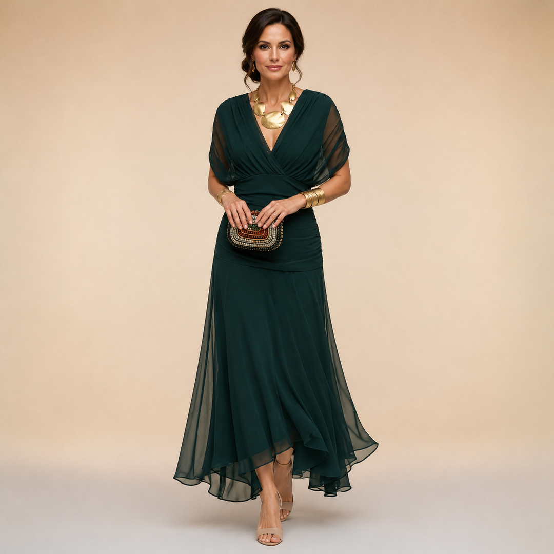 Women's forest green draped V-neck maxi dress