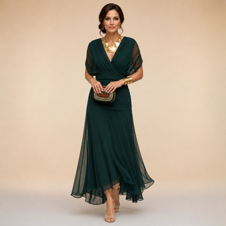 Women's forest green draped V-neck maxi dress