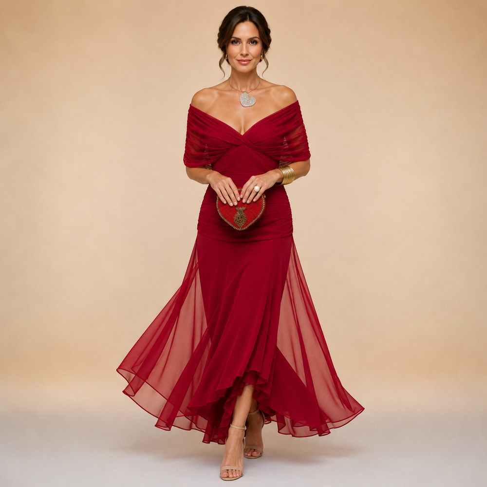 Women's red draped V-neck maxi dress