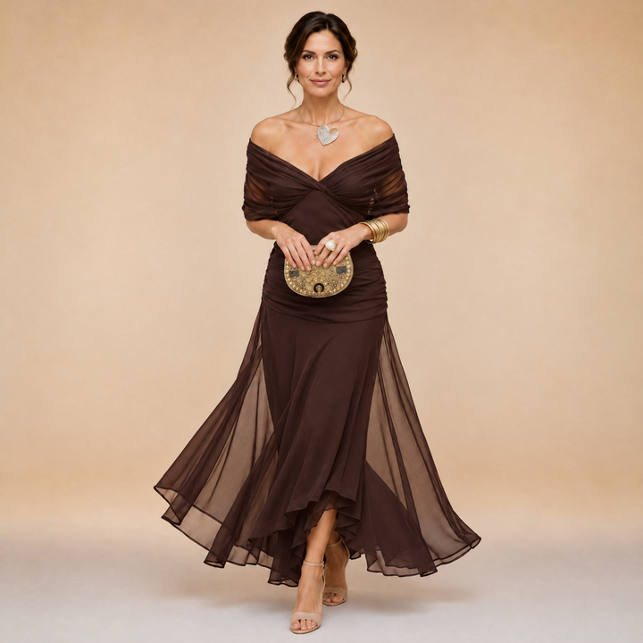 Women's chocolate draped V-neck maxi dress