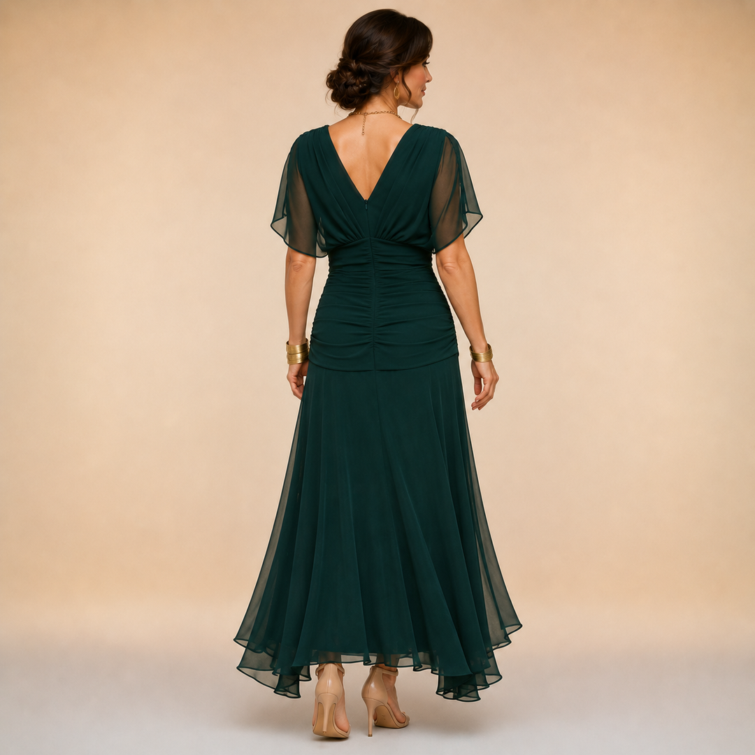 Back view of the forest green maxi dress