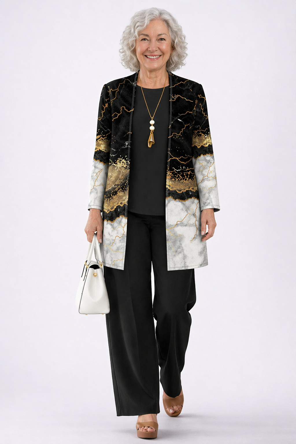 Women's black and gold marble ombré cardigan and pant set