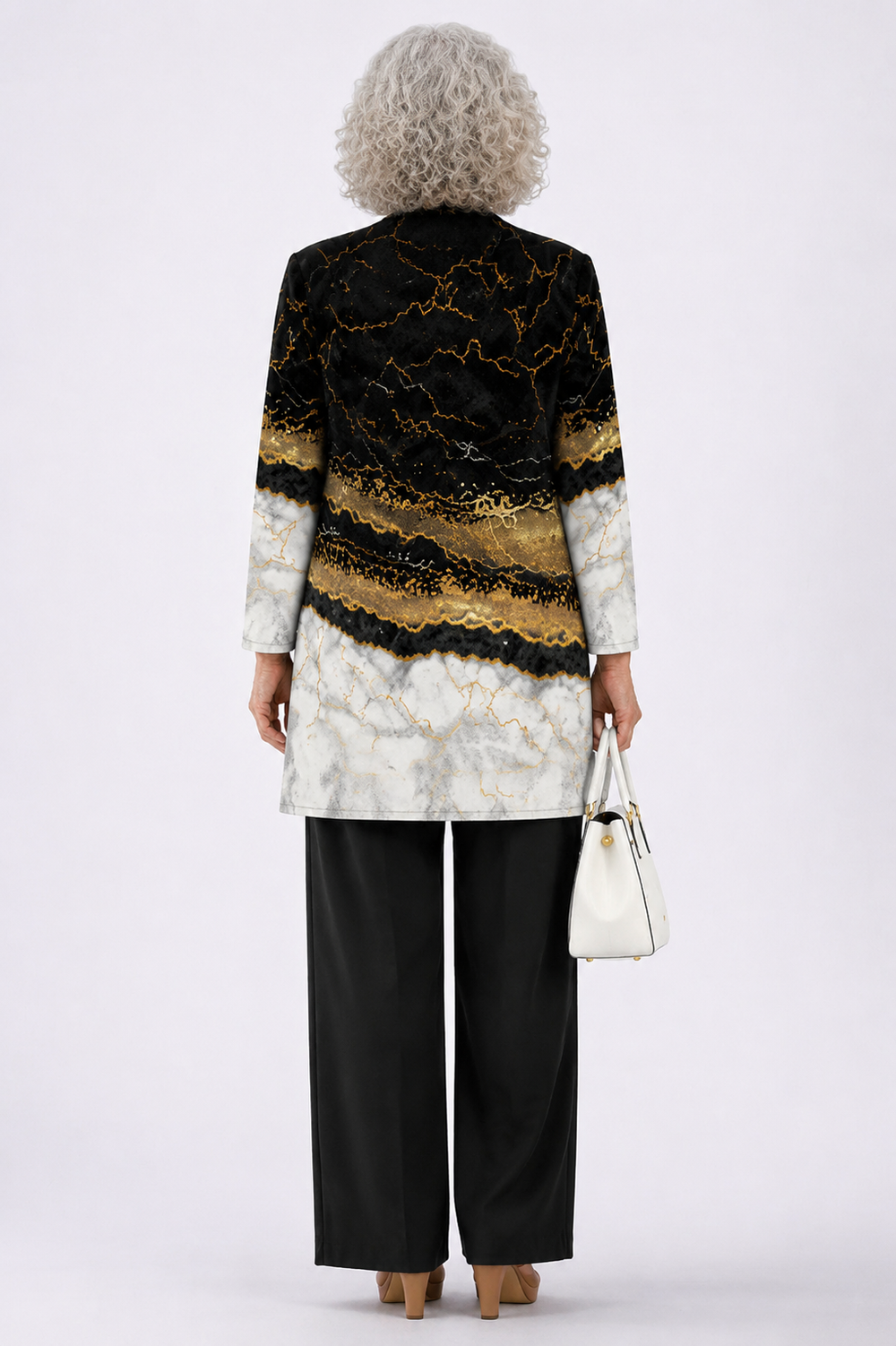 Back view of the black and gold marble ombré cardigan and pant set