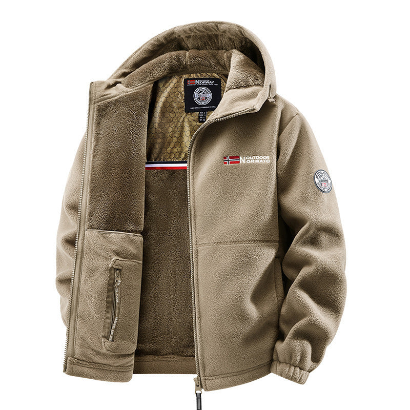 Men's khaki plush-lined hooded zip jacket
