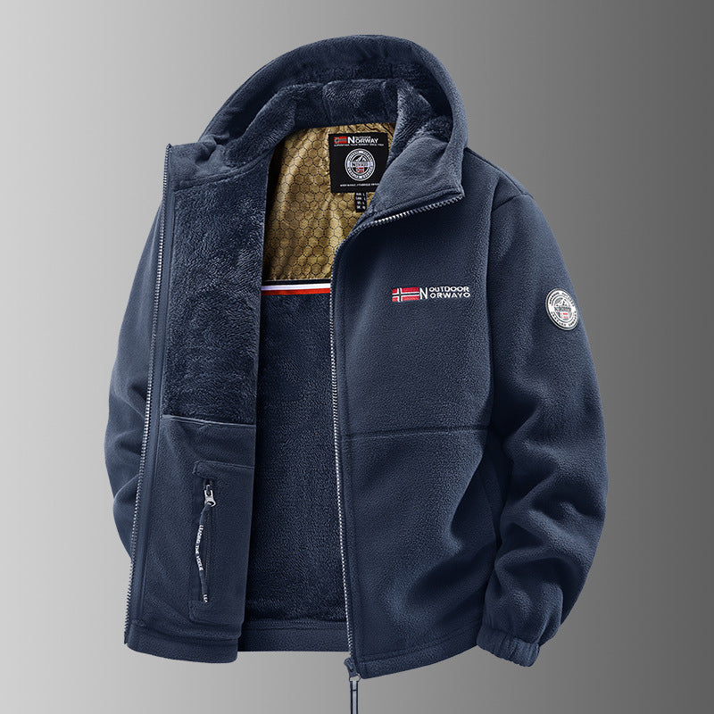 Men's navy plush-lined hooded zip jacket