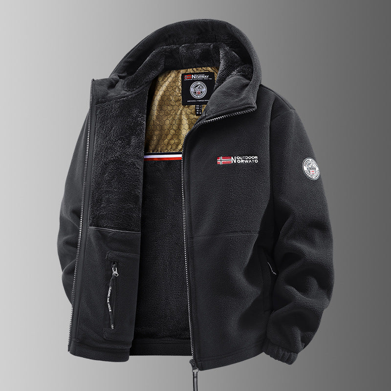 Men's black plush-lined hooded zip jacket