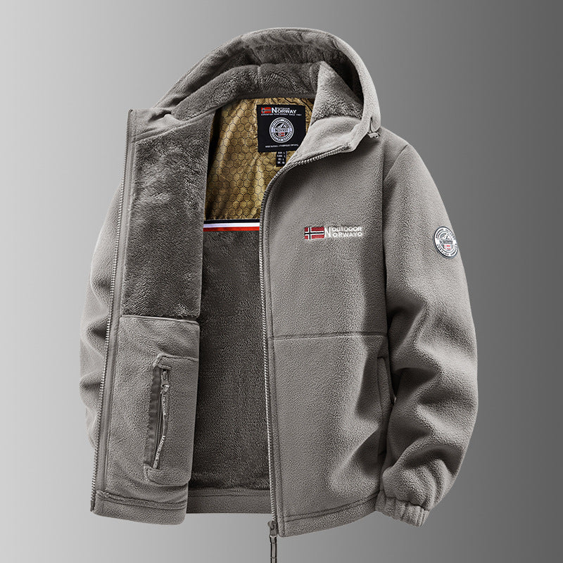 Men's gray plush-lined hooded zip jacket