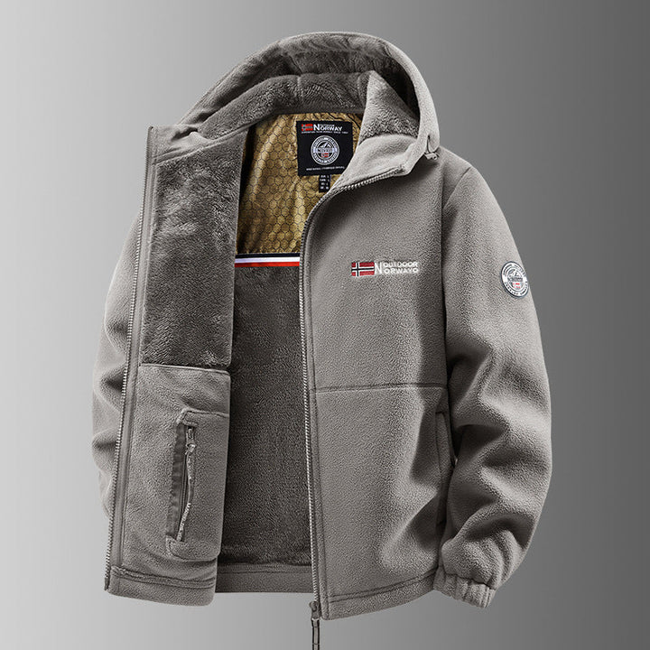 Men's gray plush-lined hooded zip jacket