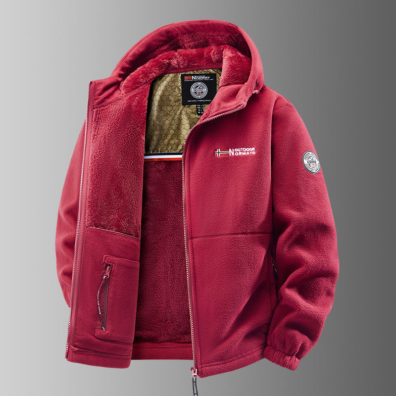 Men's red plush-lined hooded zip jacket