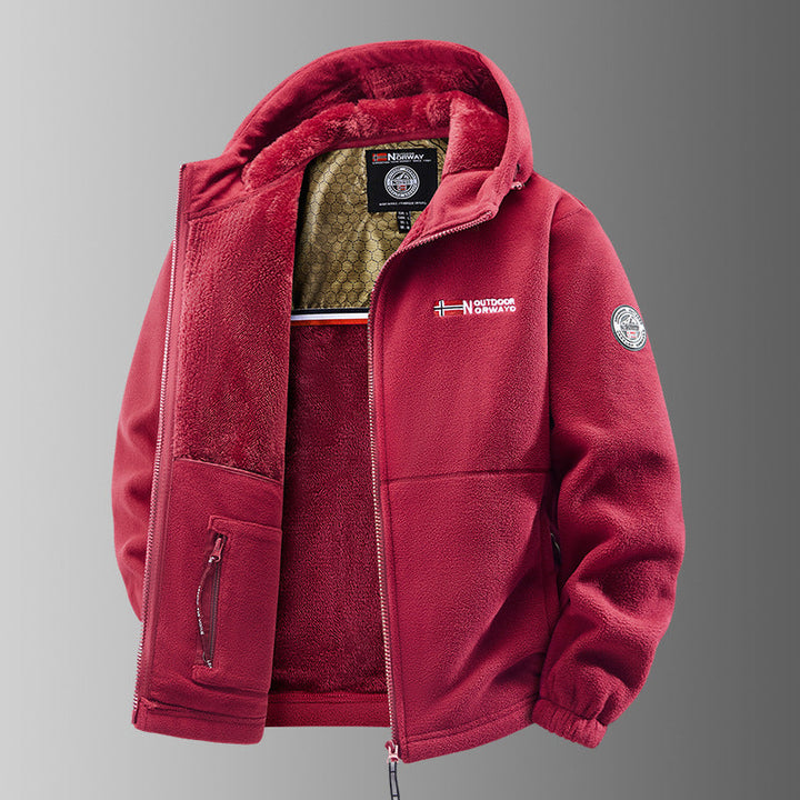 Men's red plush-lined hooded zip jacket