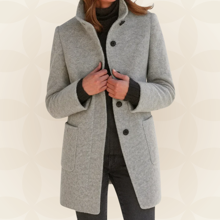 Women's light gray stand-collar button coat