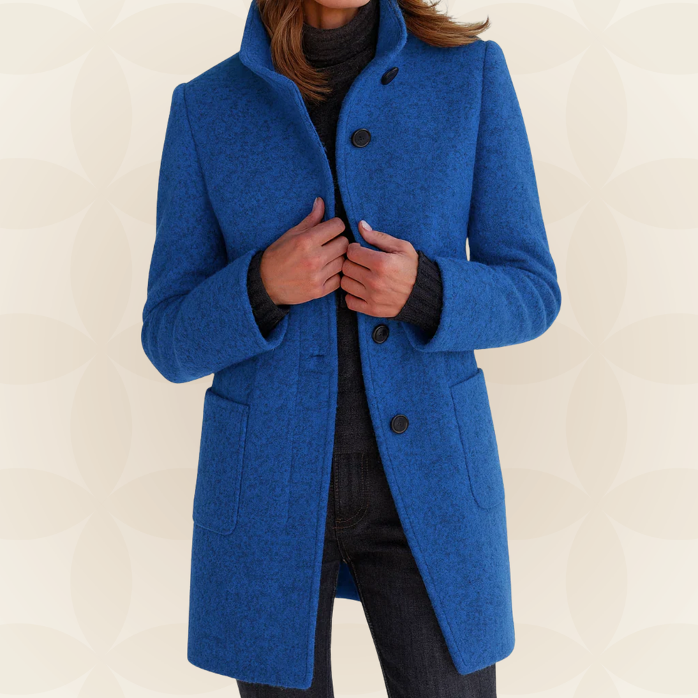 Women's royal blue stand-collar button coat