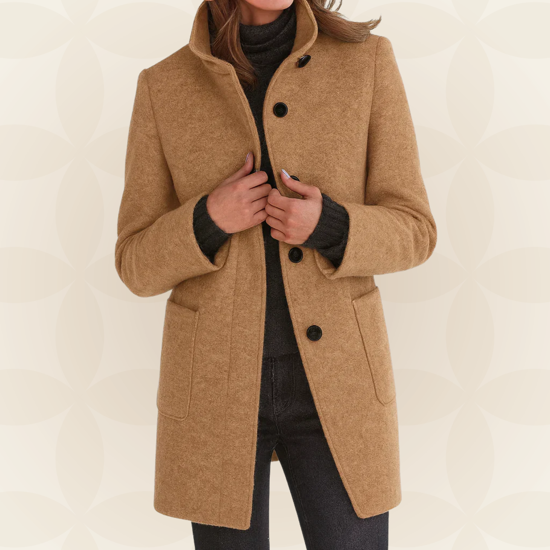 Women's camel stand-collar button coat