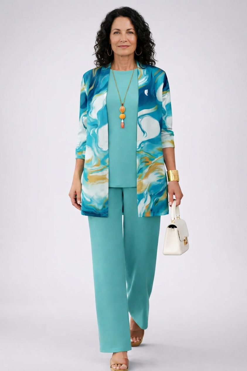 Women's turquoise marble print cardigan and pant set