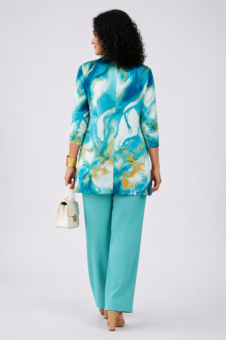 Another view of the turquoise marble print cardigan and pant set
