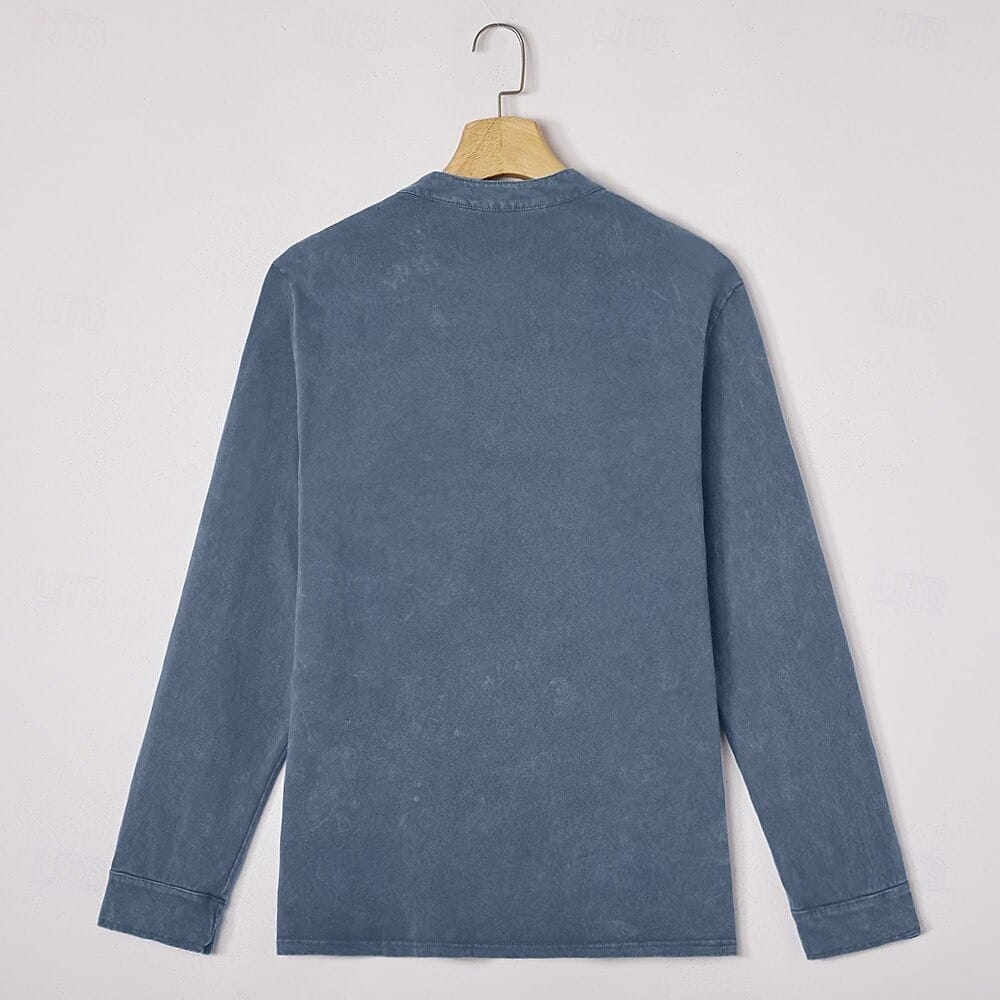Sky blue henley shown flat on a hanger