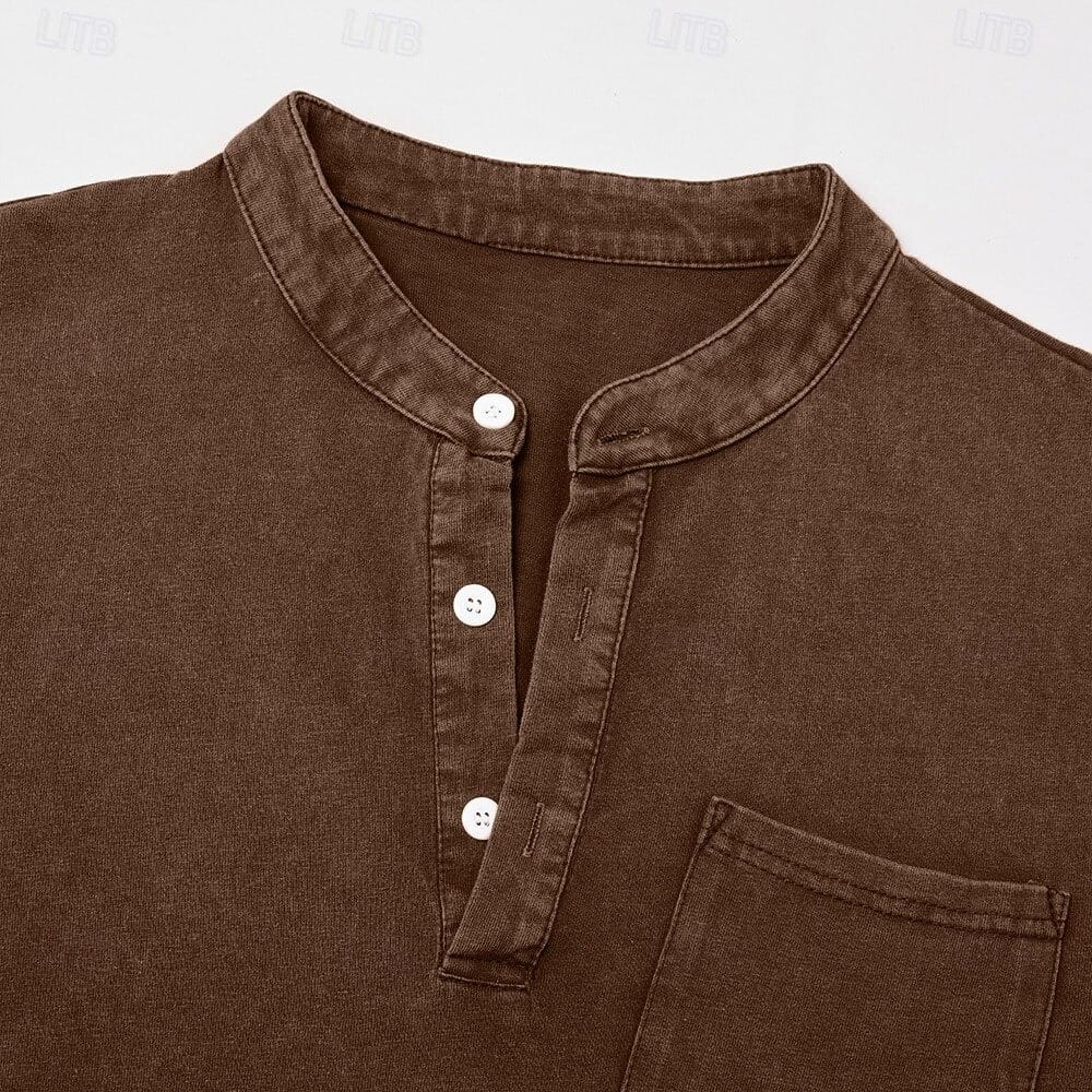 Close-up of brown henley button placket