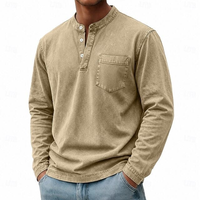 Men's khaki long sleeve pocket henley