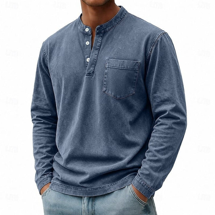 Men's denim blue long sleeve pocket henley