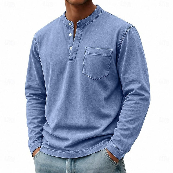 Men's sky blue long sleeve pocket henley