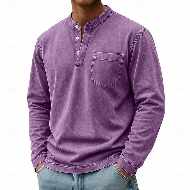 Men's purple long sleeve pocket henley