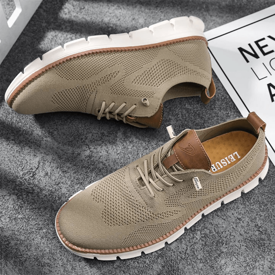Taupe knit sneakers, top and side view