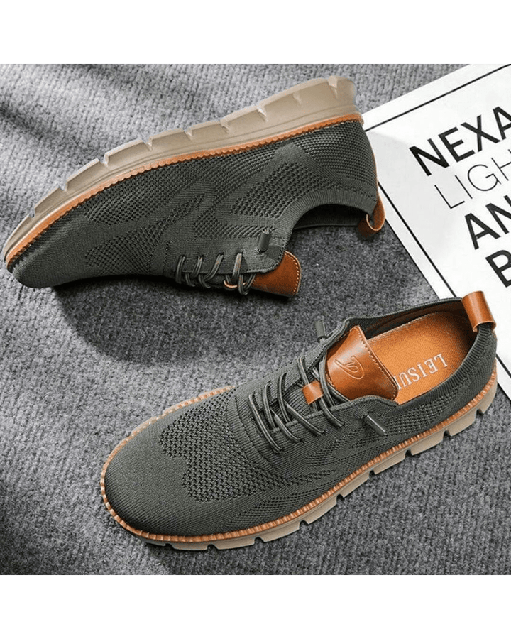 Olive knit sneakers, top and side view