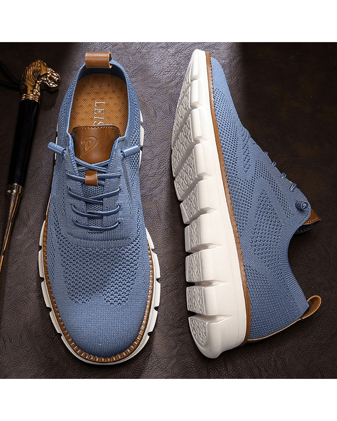 Blue knit sneakers styled on a dark background