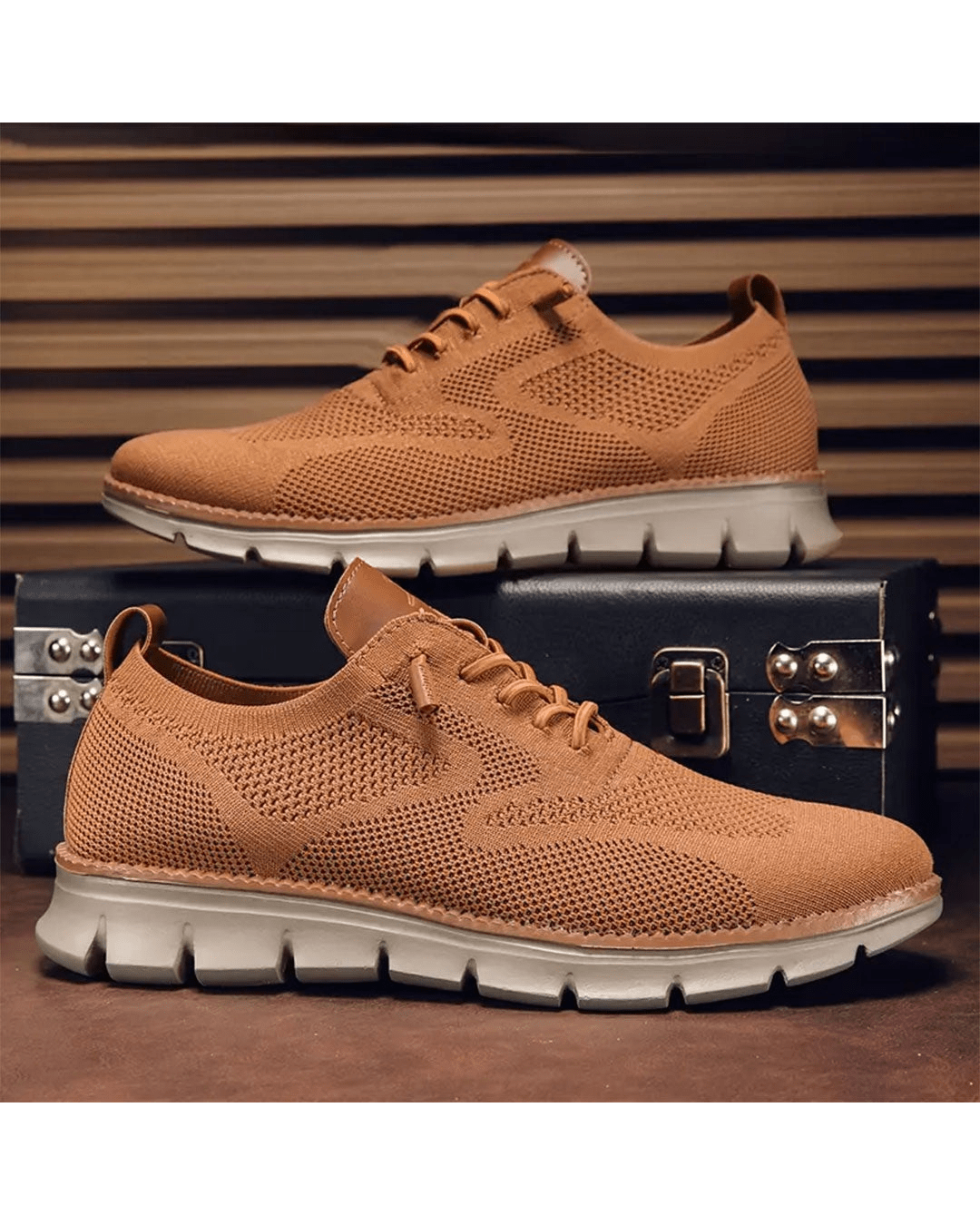 Caramel knit sneakers on display
