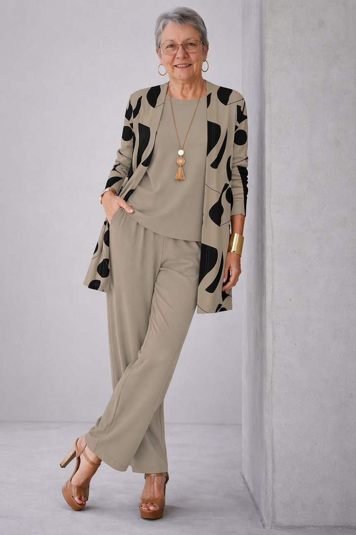 Women's taupe and black dot print cardigan and pant set