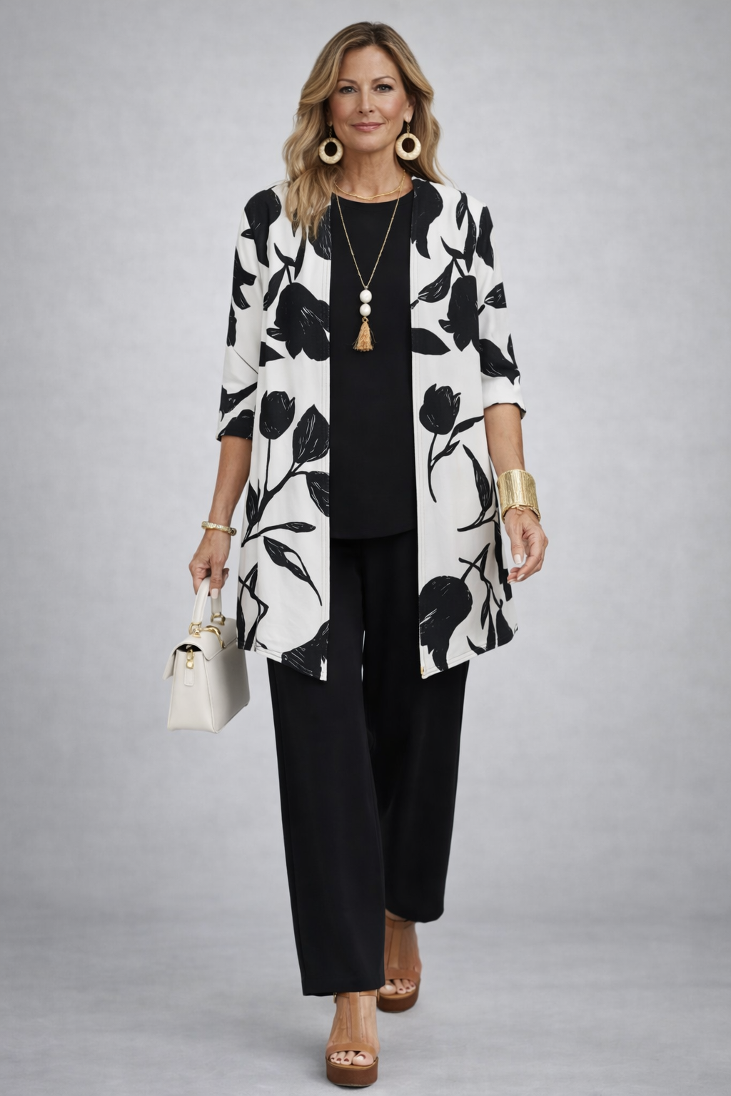 Women's black and white floral print cardigan and pant set