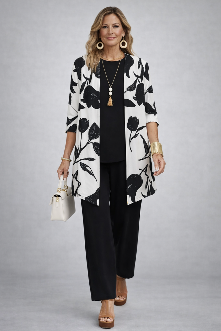 Women's black and white floral print cardigan and pant set