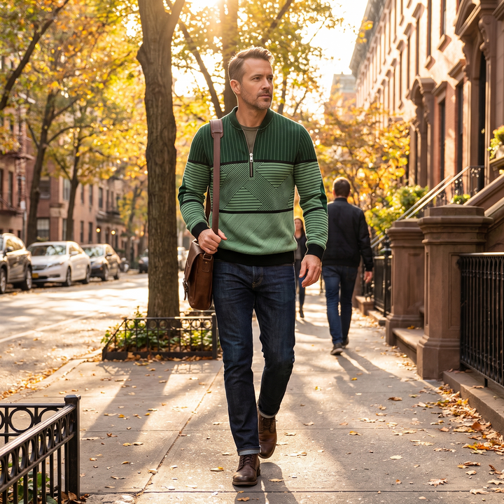 Man wearing a green half-zip sweater with jeans on a fall city street