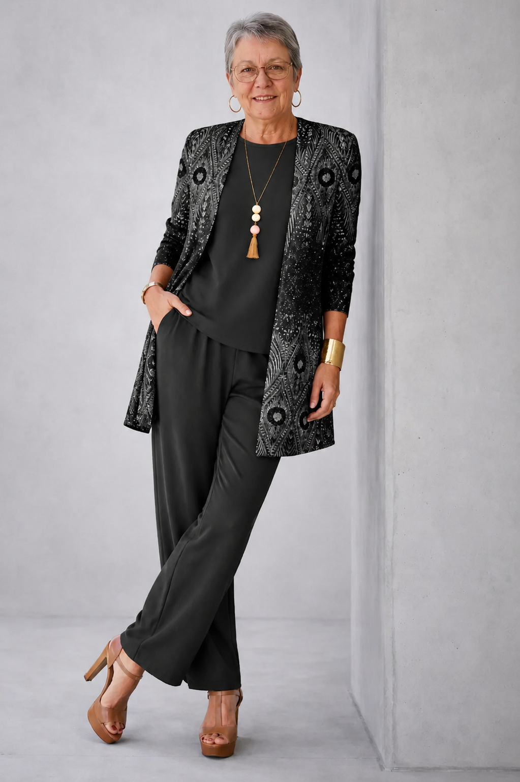 Women's black paisley print cardigan and pant set