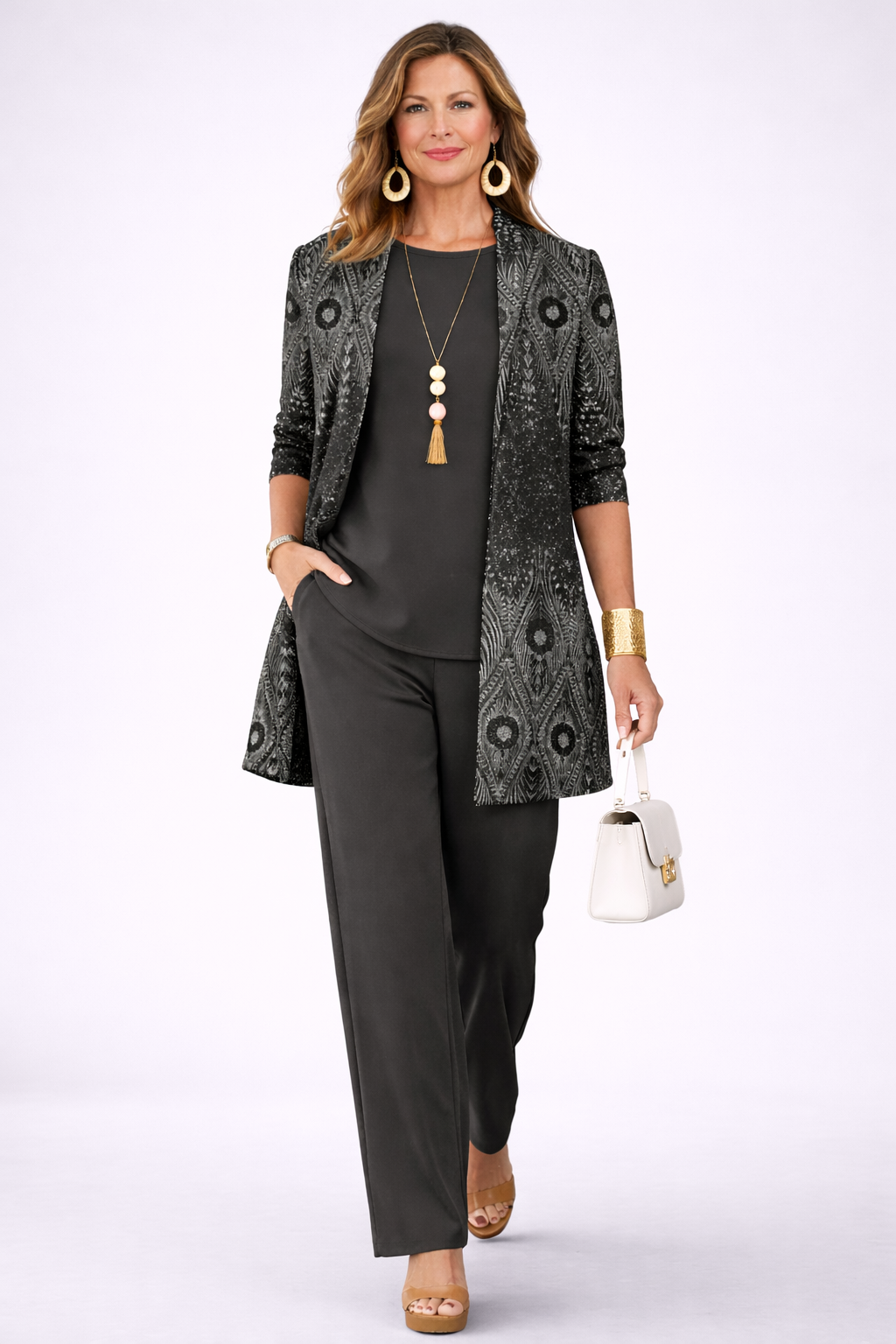 Another view of the black paisley print cardigan and pant set