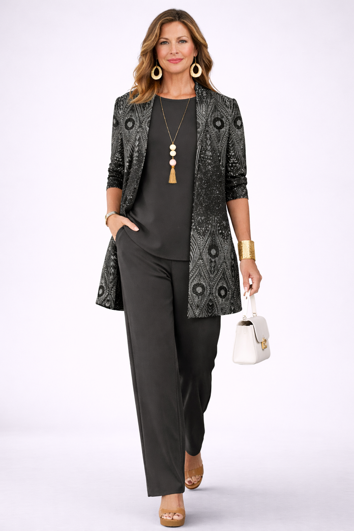 Another view of the black paisley print cardigan and pant set