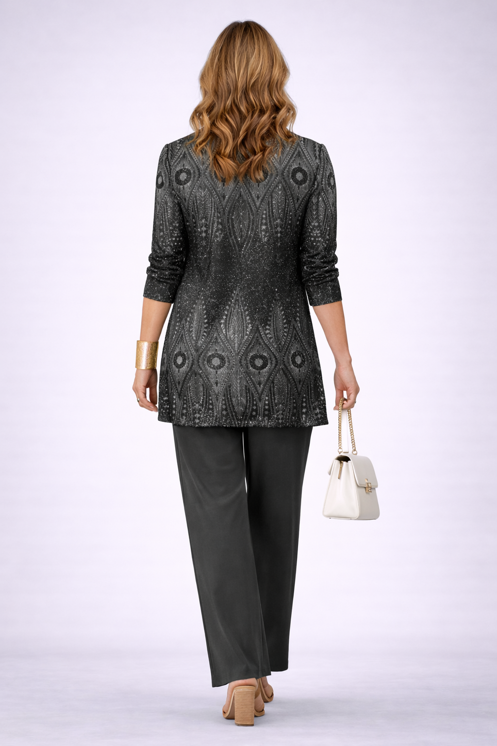 Another view of the black paisley print cardigan and pant set