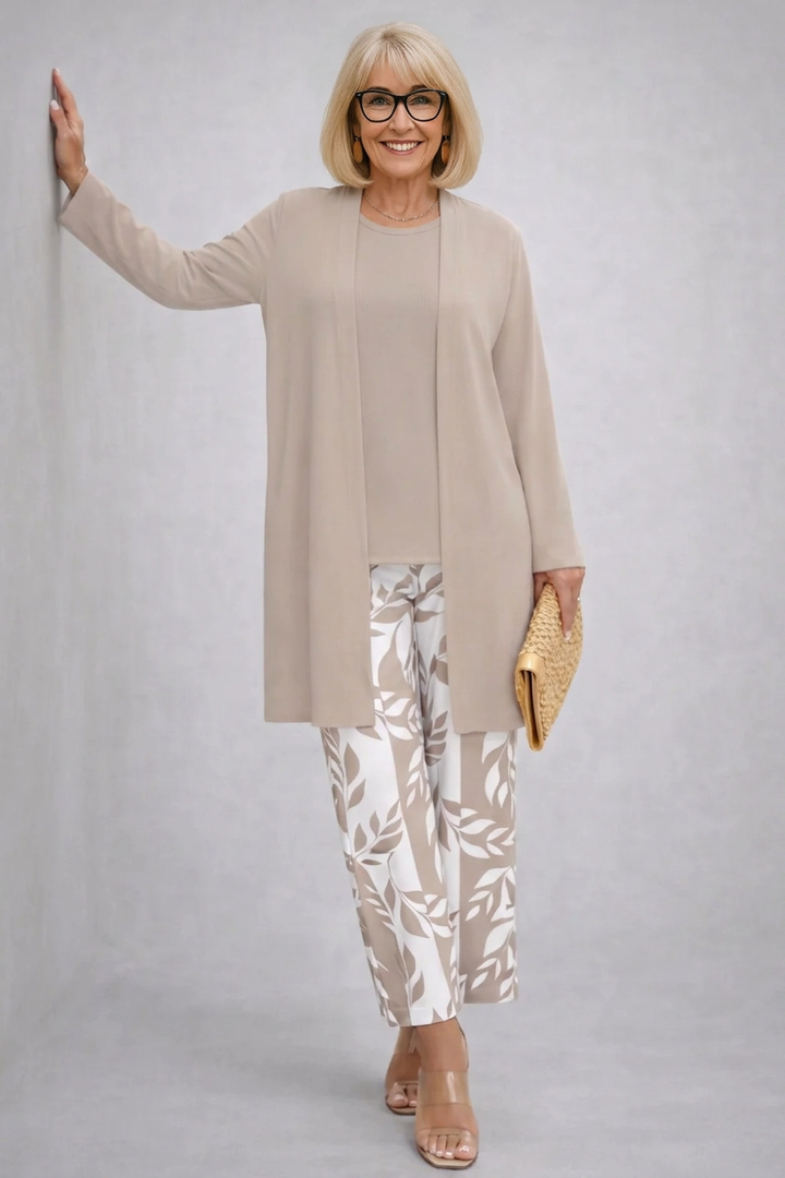 Women's taupe and white open-front cardigan and leaf print pant set