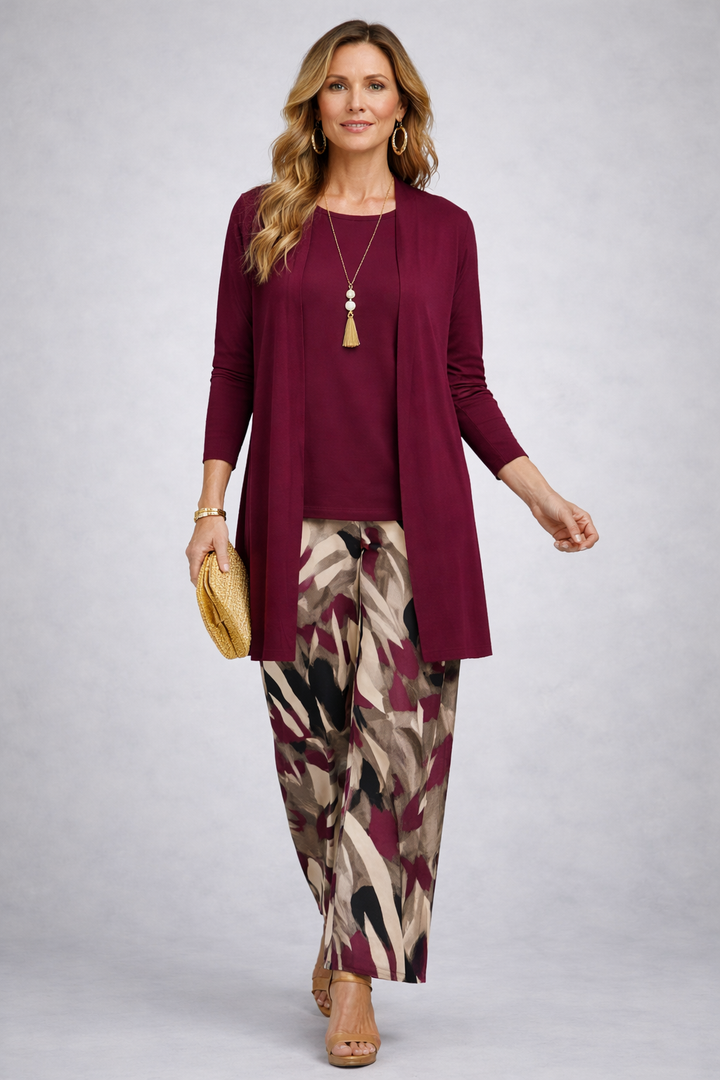 Women's burgundy open-front cardigan and abstract print pant set