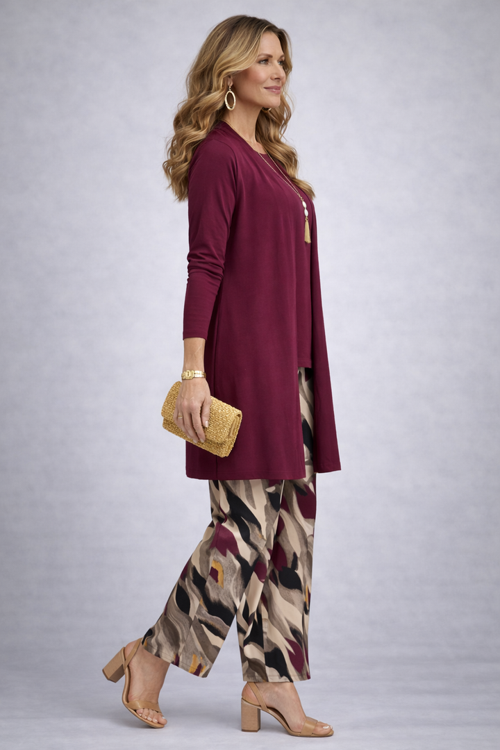 Another view of the burgundy open-front cardigan and abstract print pant set