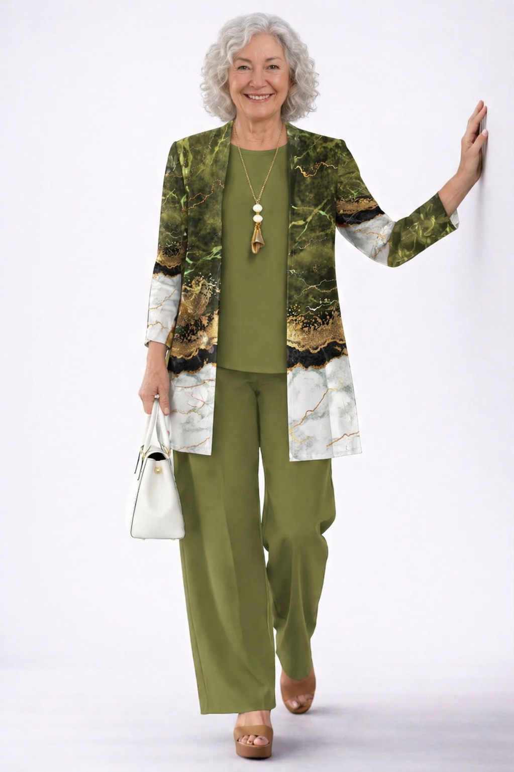 Women's olive ombré print cardigan and pant set