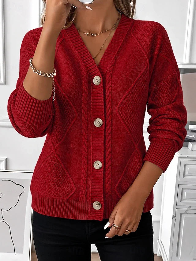 Women's red V-neck cable-knit button cardigan with ribbed hem