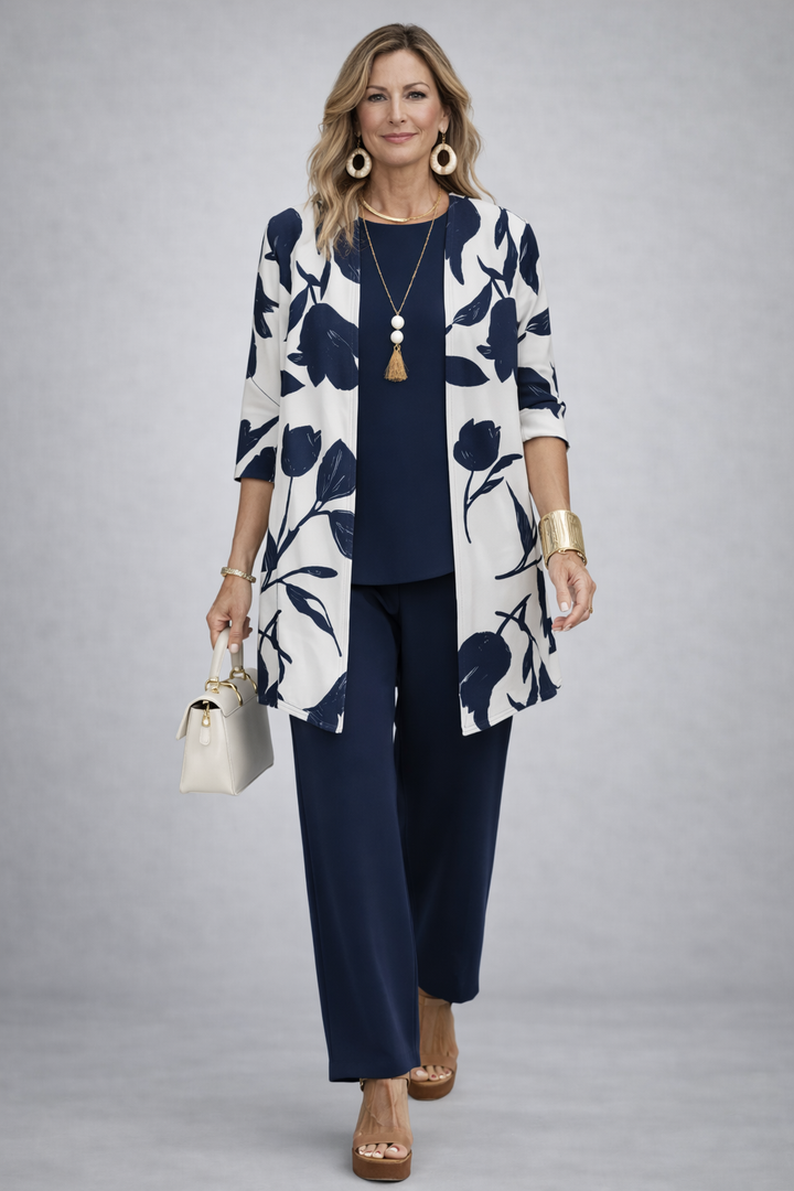 Women's navy and white leaf print cardigan and pant set