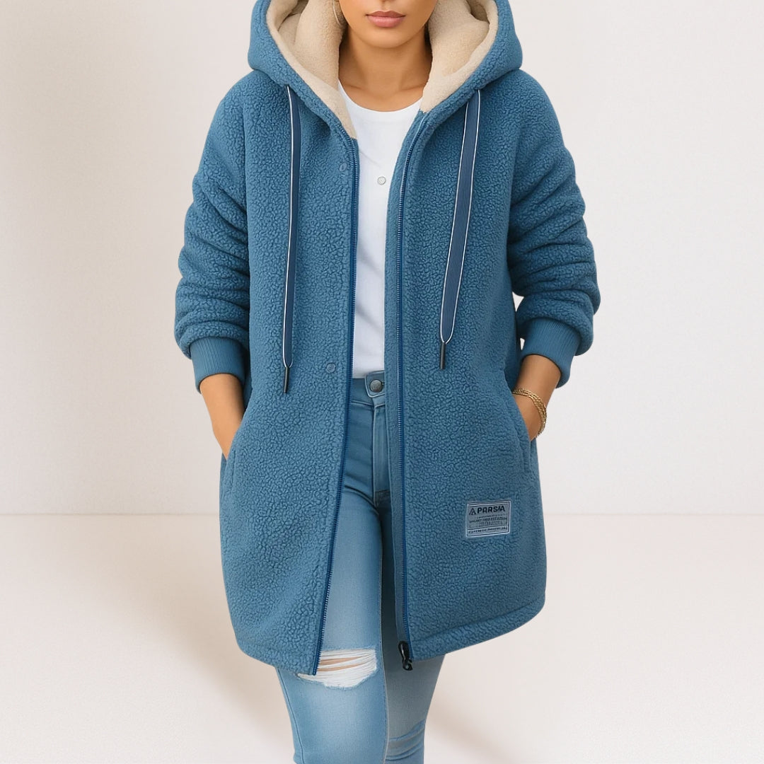 Women's blue cozy hooded zip-up jacket